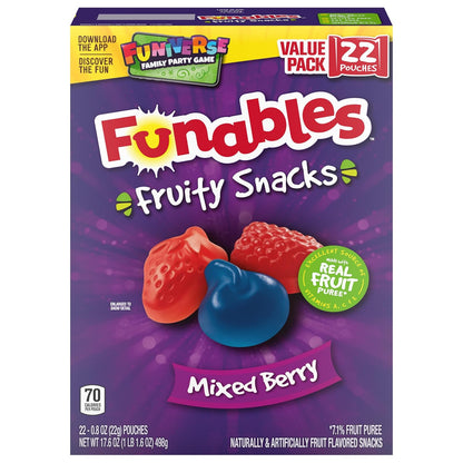 Funables Fruity Snacks Mixed Berry Pouches, Low-Calorie Guilt-Free Snack for Late-Night Cravings, 22-Count Box