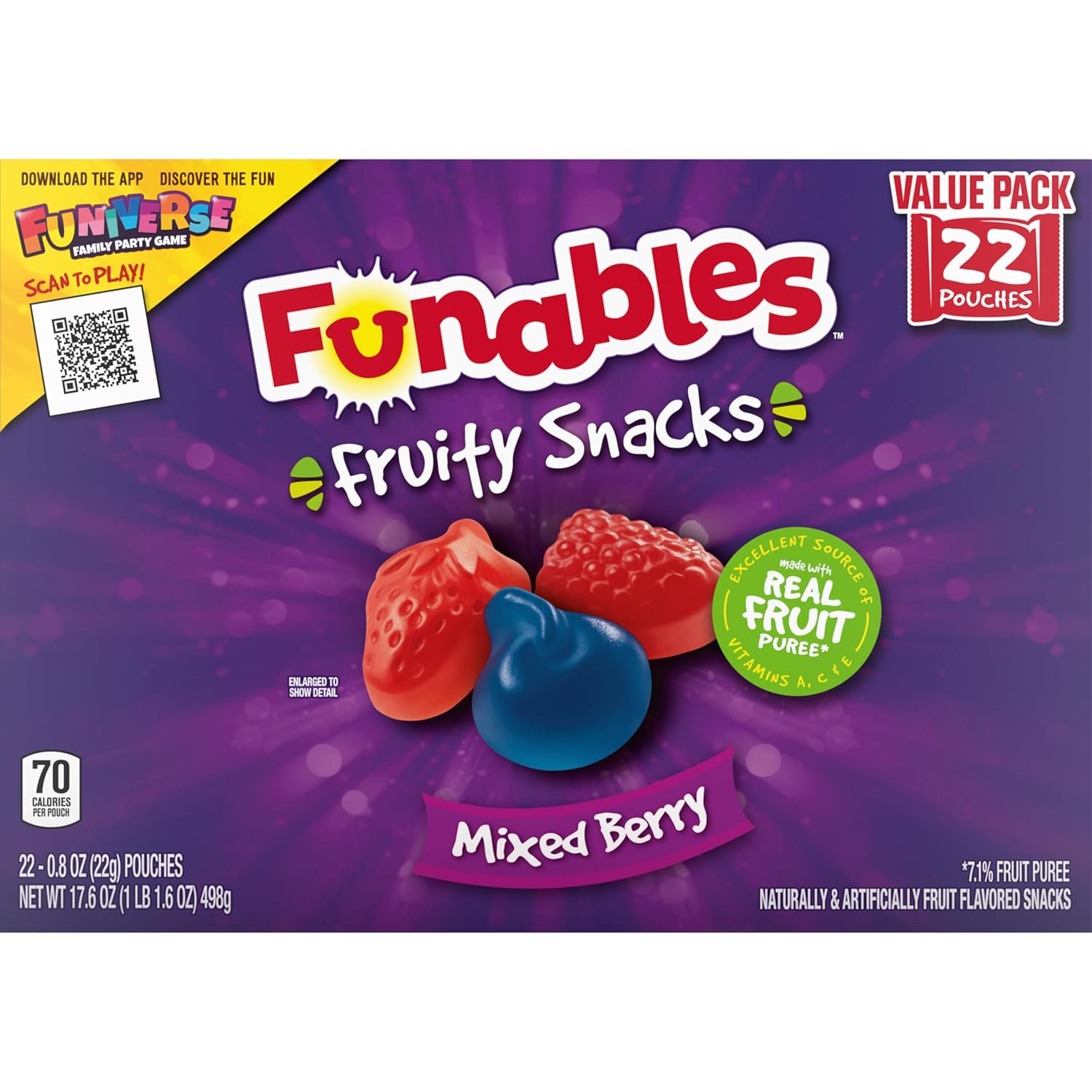 Funables Fruity Snacks Mixed Berry Pouches, Low-Calorie Guilt-Free Snack for Late-Night Cravings, 22-Count Box