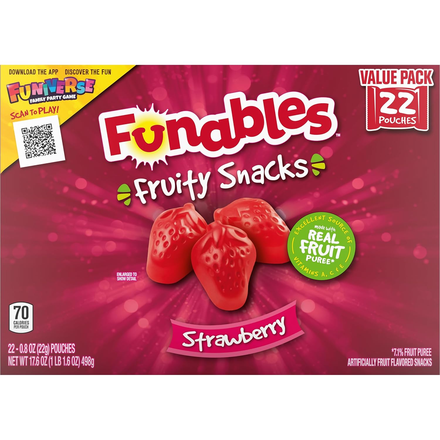 Funables Strawberry Gummy Snacks for Hiking Backpacks & Road Trip Coolers, 22 Pouches