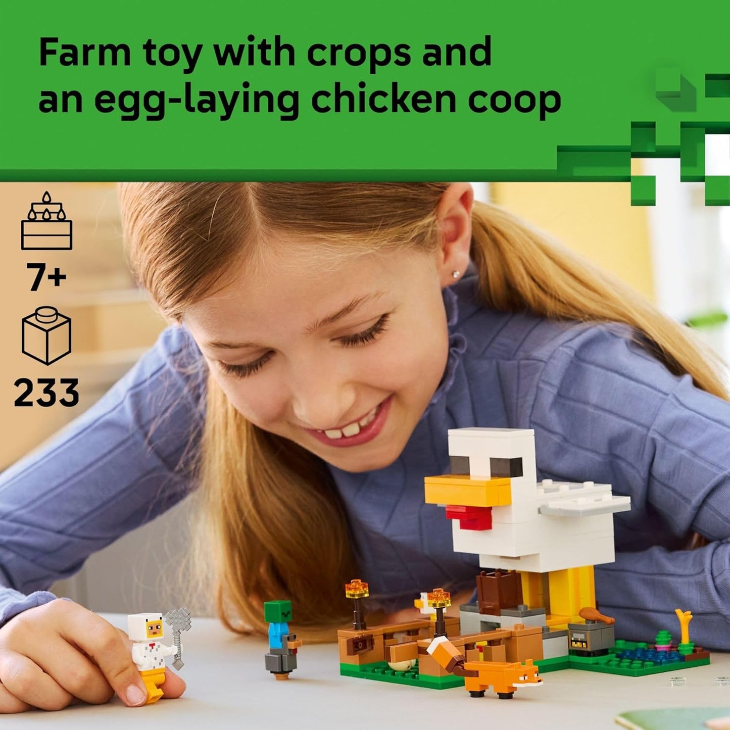functional play mechanics: coop lays eggs at the rear and dispenses seed from its mouth into a tilting food container