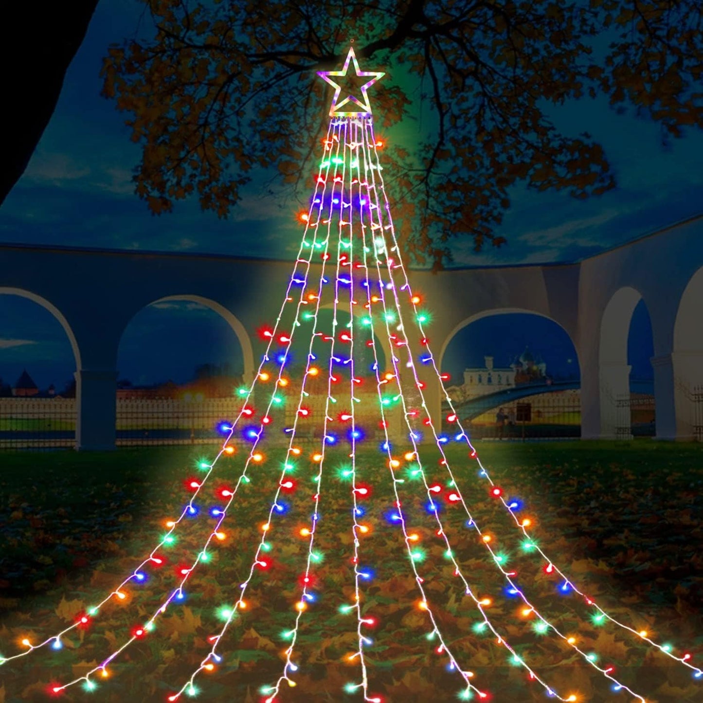 FUNIAO Cascading Christmas Lights Outdoor, 9 Strand LED Waterfall Tree Lights with Star Topper for Roofline and Lawn Decoration