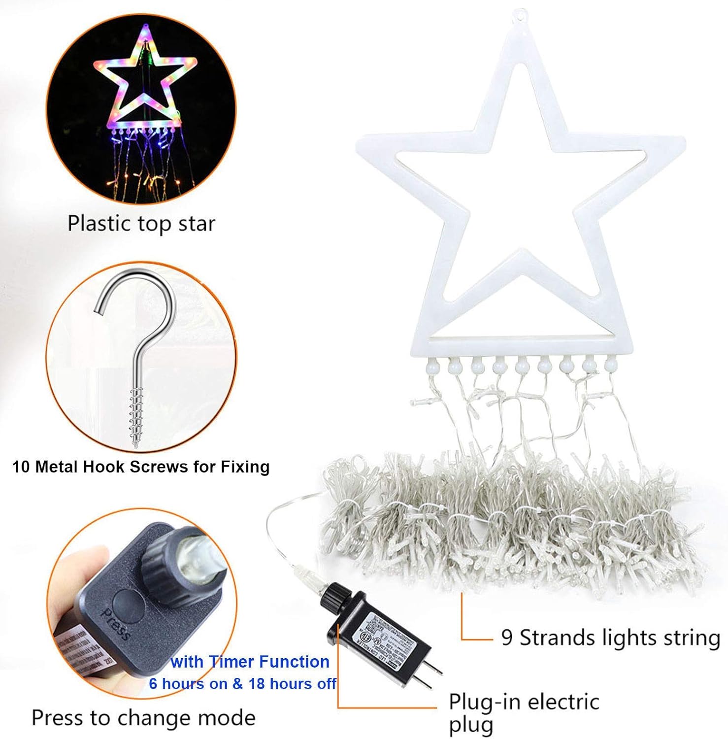 FUNIAO Cascading Christmas Lights Outdoor, 9 Strand LED Waterfall Tree Lights with Star Topper for Roofline and Lawn Decoration