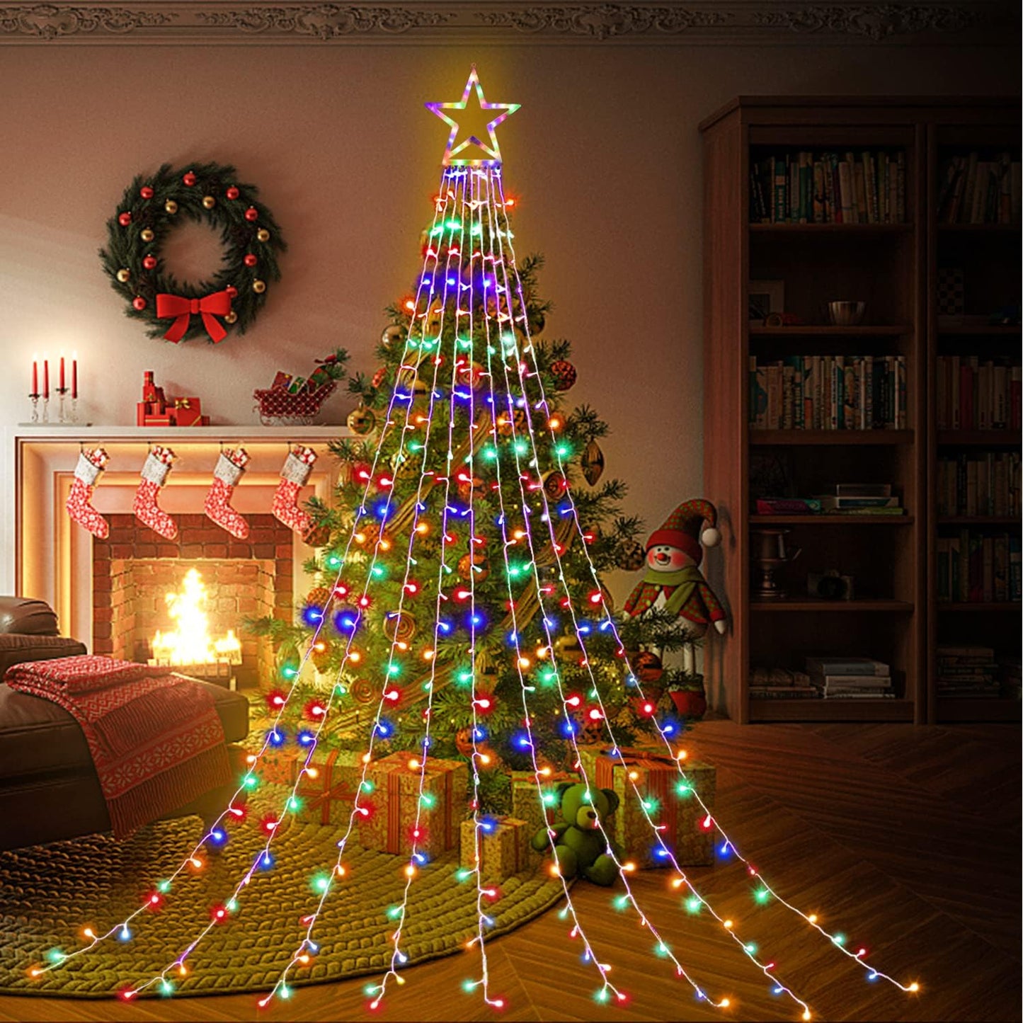 FUNIAO Cascading Christmas Lights Outdoor, 9 Strand LED Waterfall Tree Lights with Star Topper for Roofline and Lawn Decoration