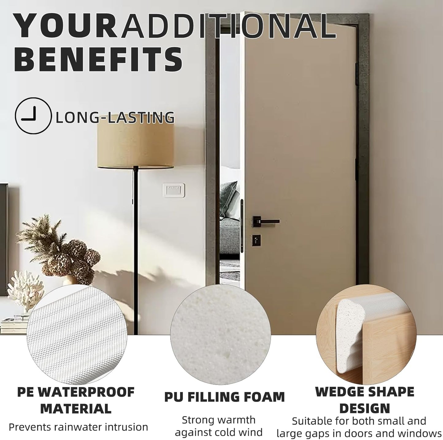 Furinno Wedge Door Seal – Living Room Air Leak Blocker for Better Sleep and Relaxation, Self-Adhesive Foam Strip