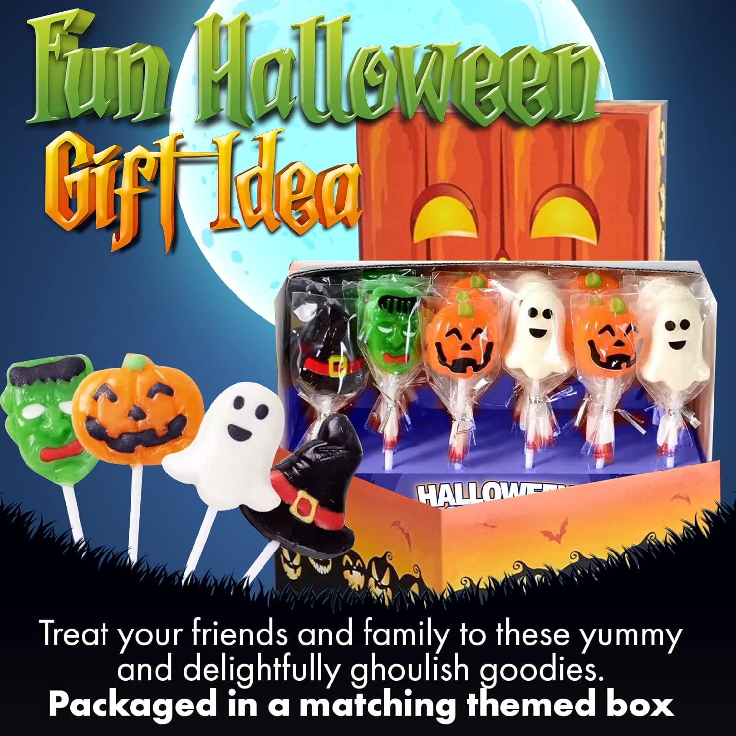 Fusion Select Spooky Suckers – Safe & Sanitized Halloween Candy for Kids, 6 Fun Character Designs in One Box
