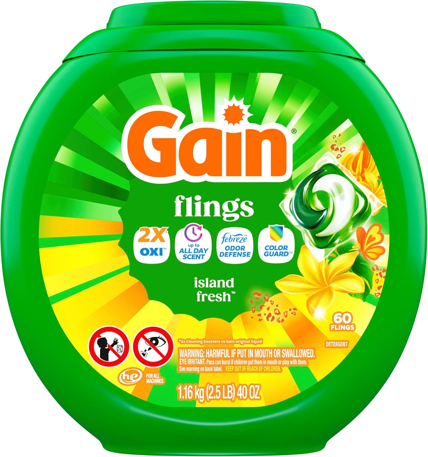 Gain Flings Color Safe Laundry Pacs for Kids Bedroom and Playroom Wardrobes, Island Fresh Odor Defense Pods 60 Count