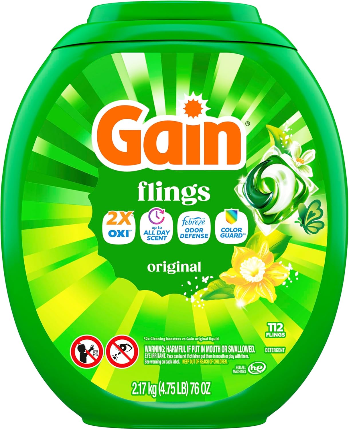Gain Flings Laundry Detergent Pacs for Kids Clothes, 4-in-1 with Odor Defense and Color Guard