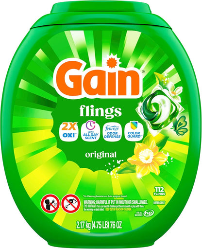 Gain Flings Laundry Detergent Pacs for Kids Clothes, 4-in-1 with Odor Defense and Color Guard