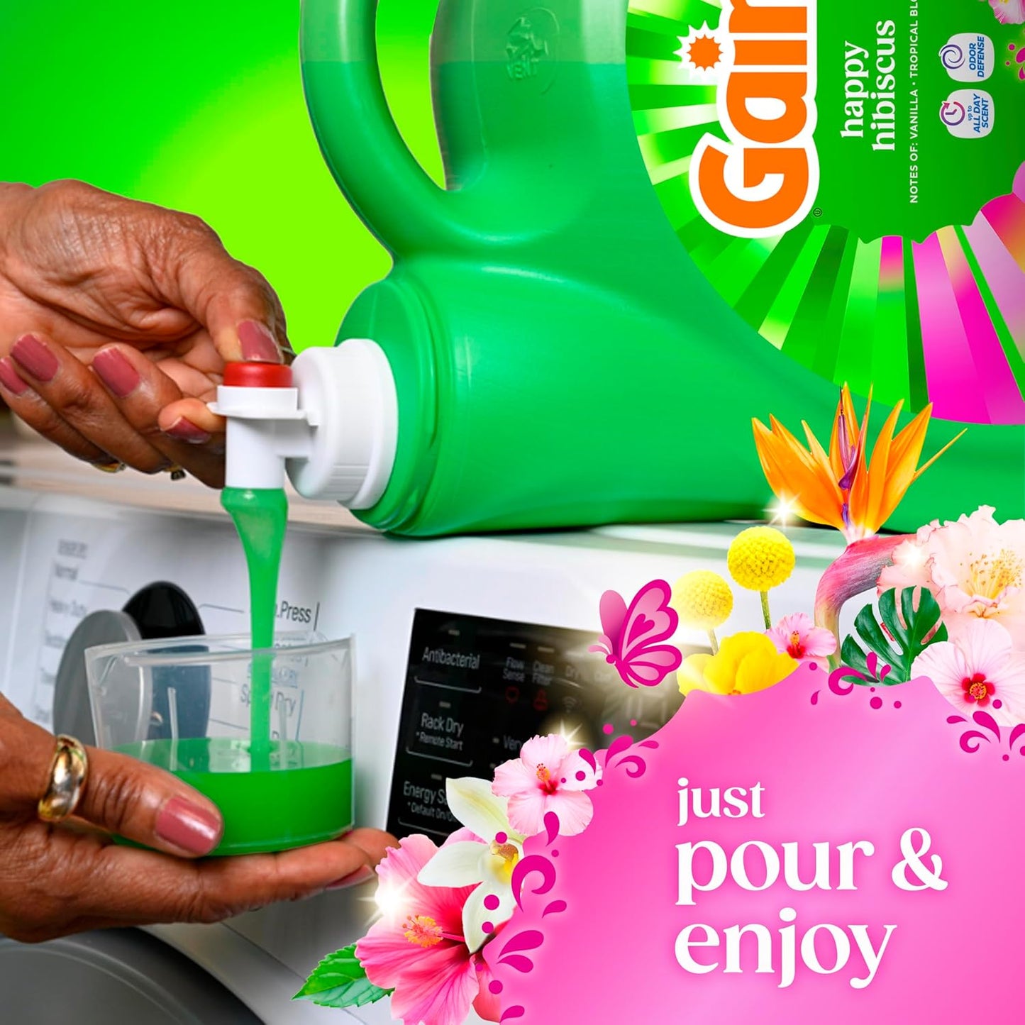 Gain Liquid Laundry Detergent Odor Defense Hibiscus Hula Scent for Bath Towel Refresh, 100-Load Wellness Laundry Routine