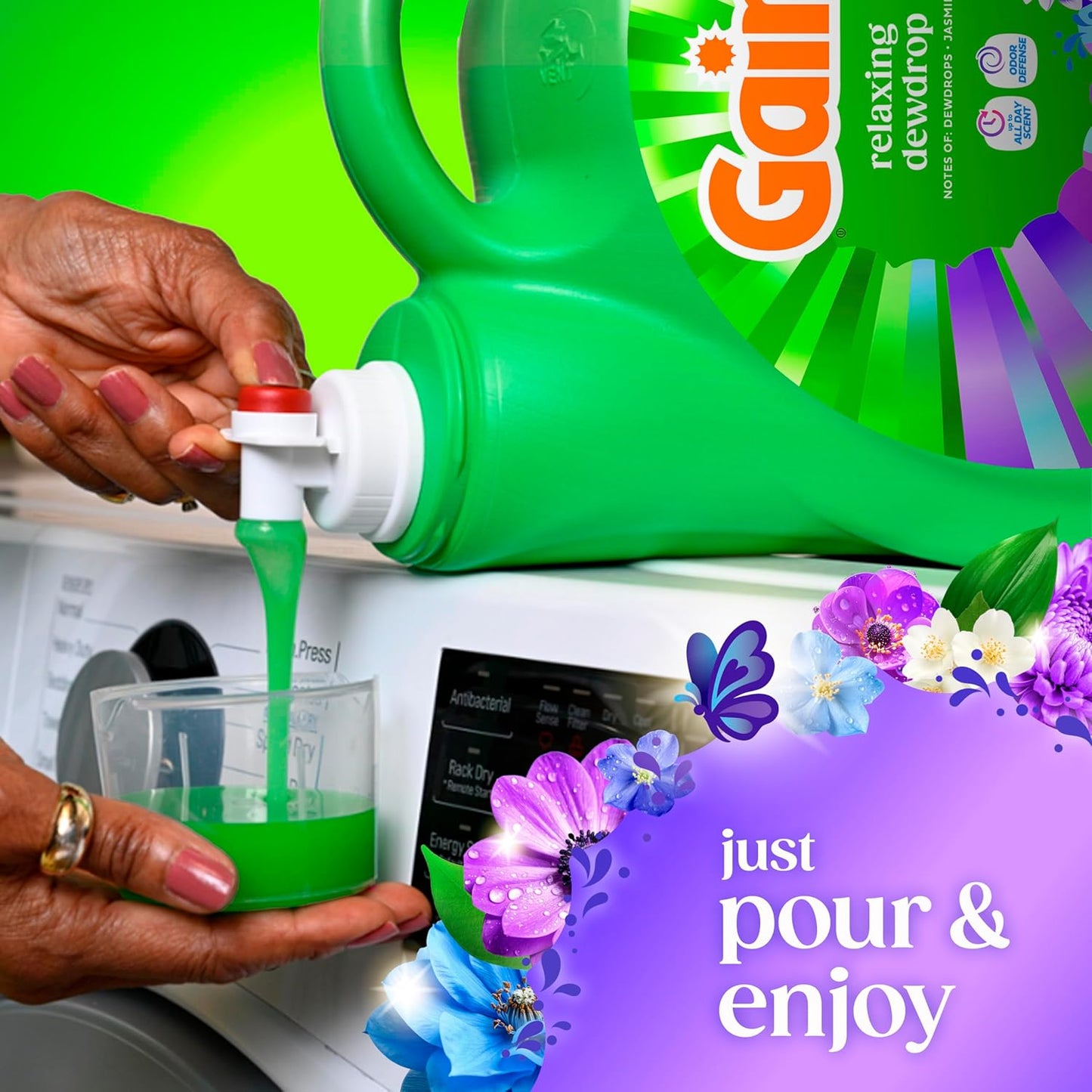 Gain Liquid Laundry Detergent Odor Defense Relaxing Dewdrop – Everyday Family Laundry for Towels Bedding and Workout Gear, 100 Loads