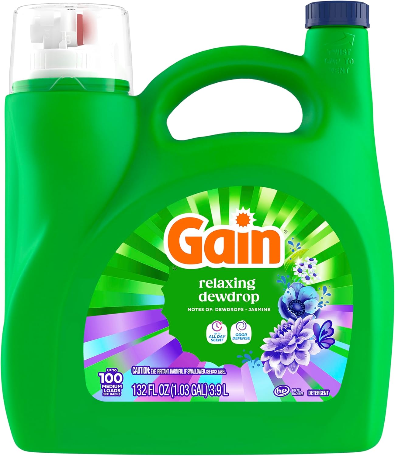 Gain Liquid Laundry Detergent Odor Defense Relaxing Dewdrop – Everyday Family Laundry for Towels Bedding and Workout Gear, 100 Loads