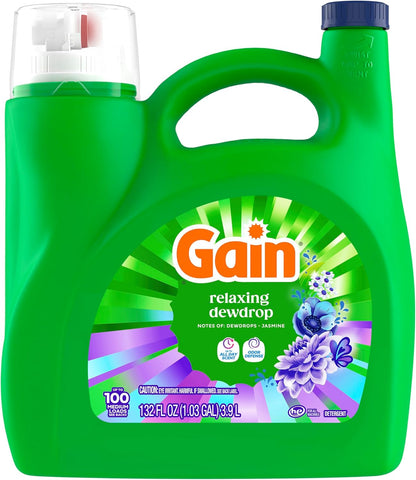 Gain Liquid Laundry Detergent Odor Defense Relaxing Dewdrop – Everyday Family Laundry for Towels Bedding and Workout Gear, 100 Loads