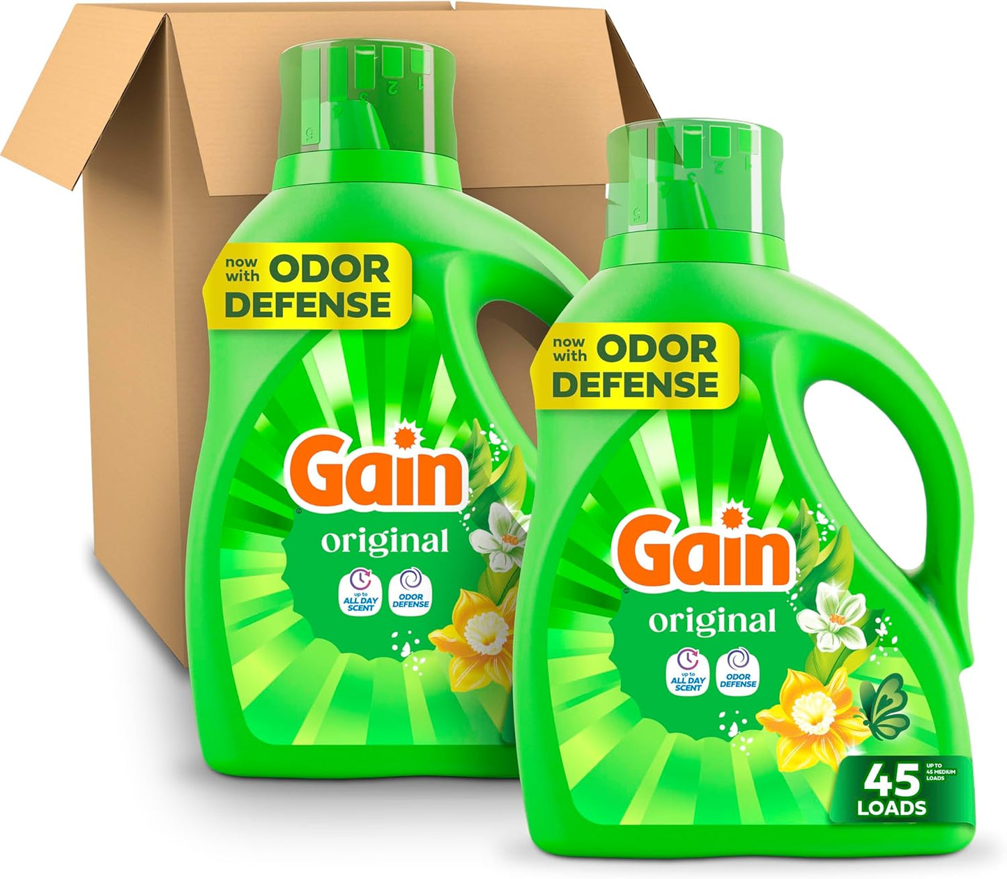 Gain Liquid Laundry Detergent with Odor Defense, Original Scent, Low-Maintenance Laundry Soap for Home Office and Utility Room, 60 fl oz, Pack of 2