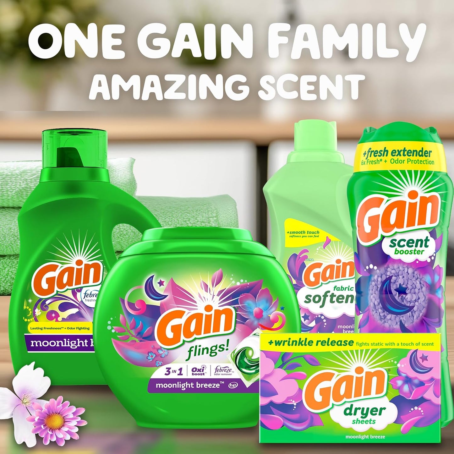 Gain Moonlight Breeze Fabric Softener, 140 fl oz 190 Loads – Family-Safe Laundry Softener for Kids Bedroom and Nursery