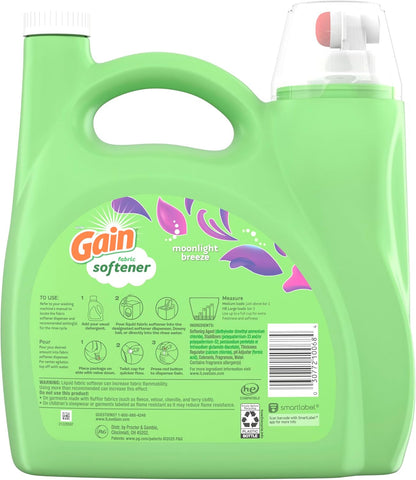 Gain Moonlight Breeze Fabric Softener, 140 fl oz 190 Loads – Family-Safe Laundry Softener for Kids Bedroom and Nursery