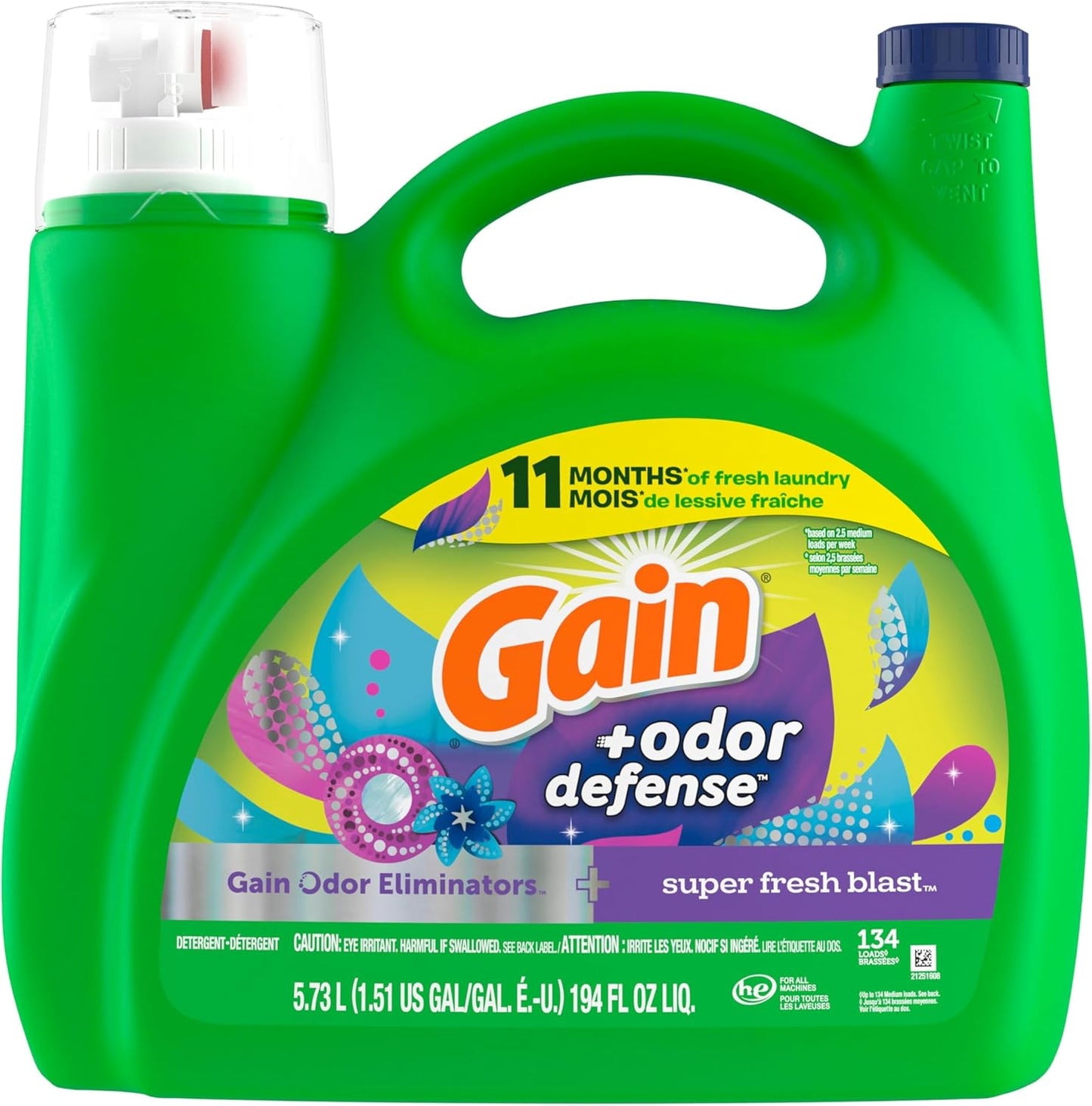Gain Odor Defense Liquid Laundry Detergent Super Fresh Blast Scent 194 fl oz 134 Loads, Aromatherapy Laundry Soap for Stress Relief Self-Care Routines