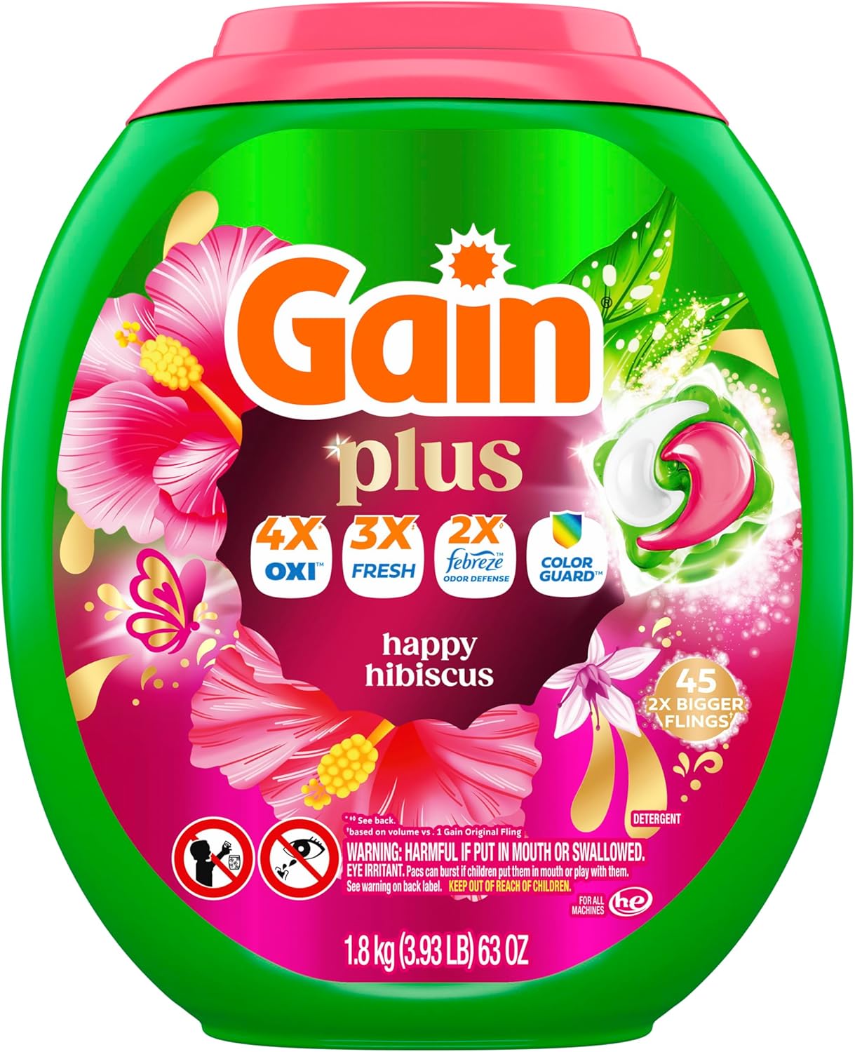 Gain Plus Flings Laundry Pacs Happy Hibiscus Scent for Patio, Camping, and Active Travel Wardrobe Care, 45 Count