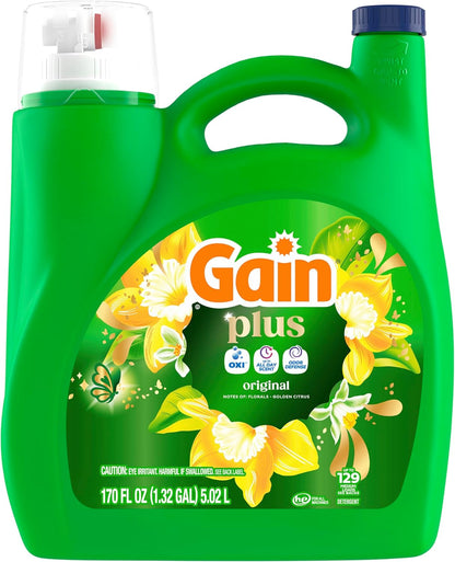 Gain Plus Liquid Laundry Detergent with Oxi for Home Office Linens and Focus-Friendly Laundry Days, Original Scent, 170 fl oz, 129 Loads