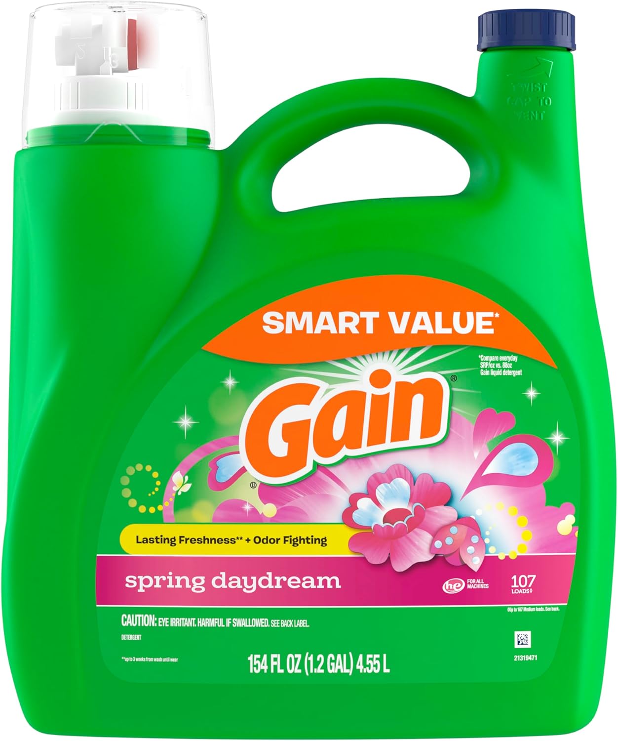 Gain Spring Daydream Laundry Detergent, 154 fl oz, 107 Loads, Long-Lasting Floral Scent for Yoga Room and Self-Care Ritual