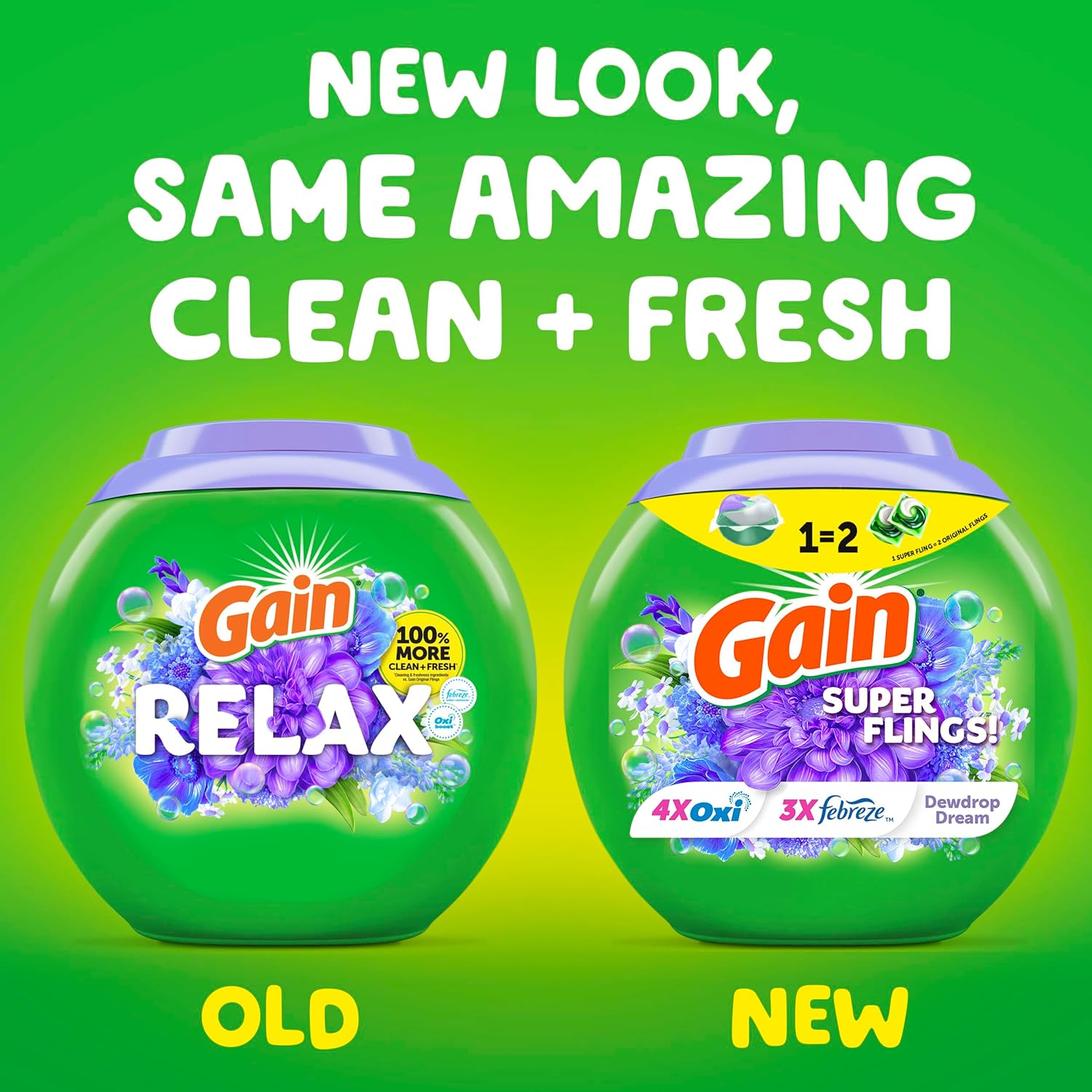Gain Super Flings Laundry Detergent Pacs for Home Office Background Fresh, Dewdrop Dream Scent That Keeps Focus Without Distraction