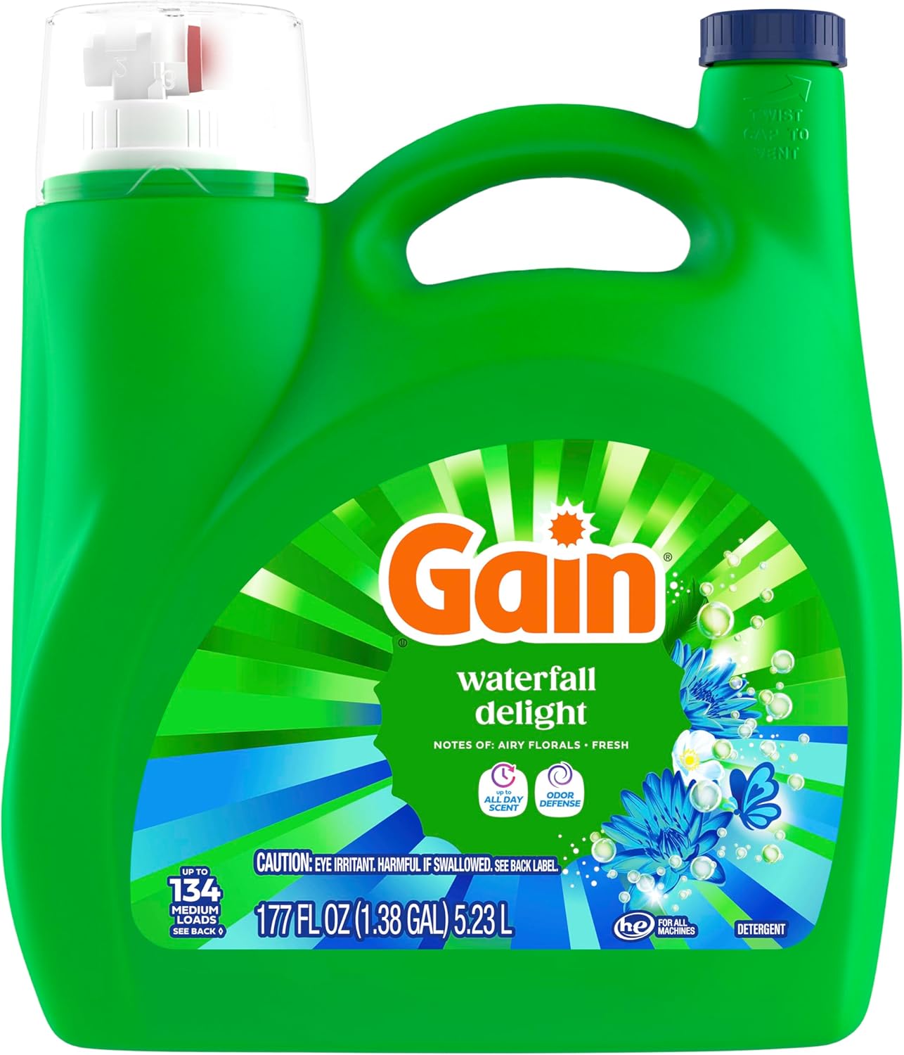 Gain Waterfall Delight Liquid Laundry Detergent for Bath Towle Refresh, 134-Load HE Jug for Family Wellness Routine