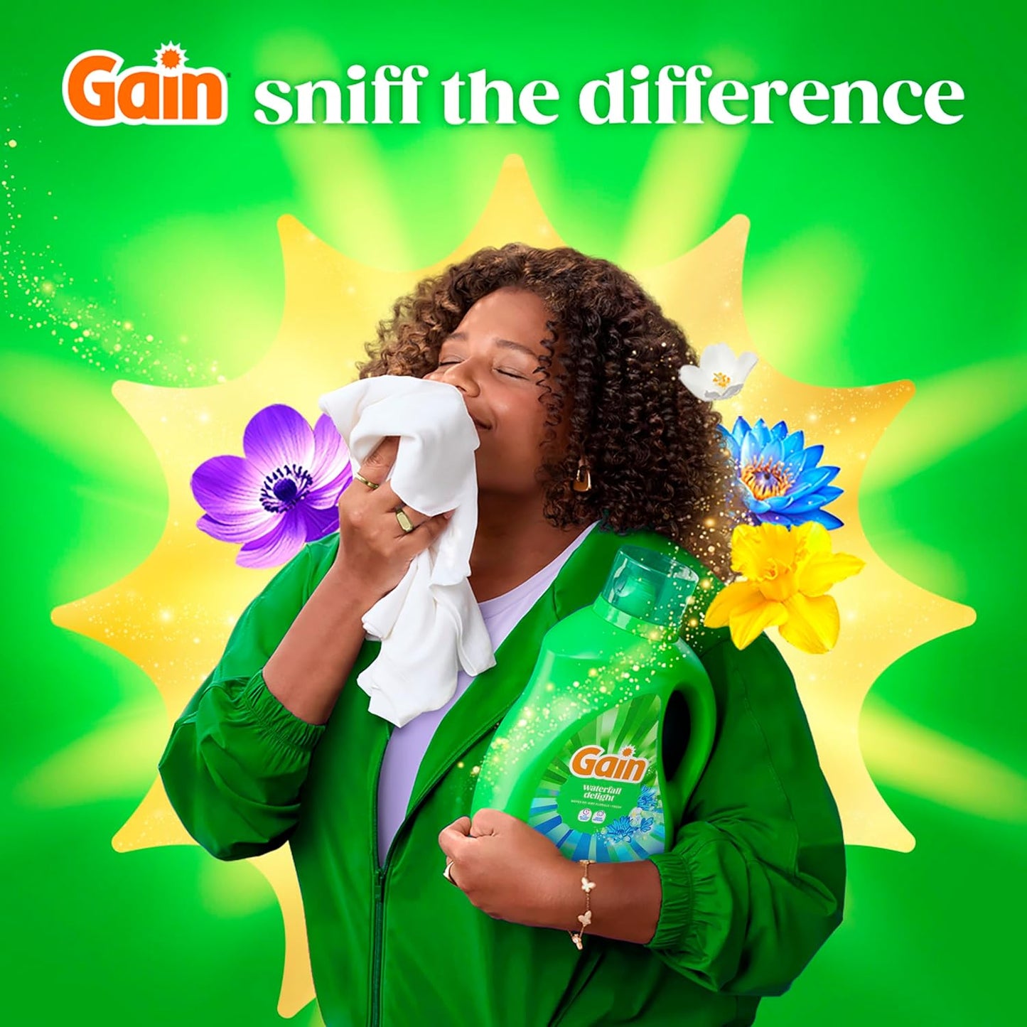 Gain Waterfall Delight Liquid Laundry Detergent for Yoga Room Linens, Odor Defense Scent Booster for Activewear