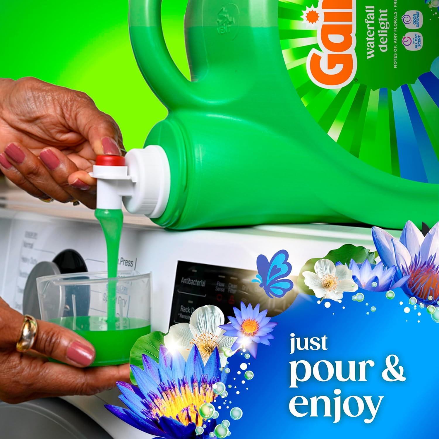 Gain Waterfall Delight Liquid Laundry Detergent for Yoga Room Linens, Odor Defense Scent Booster for Activewear