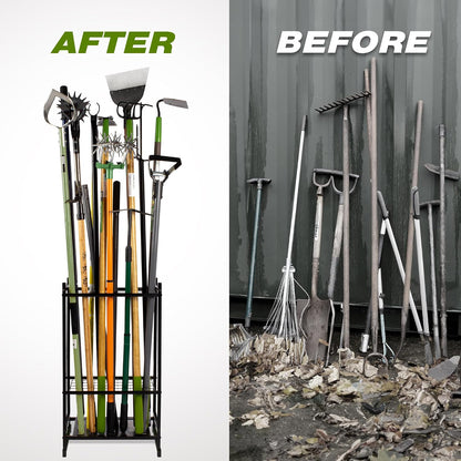 GardenPro Tool Organizer – Garage Workstation Organizer for Rakes and Brooms, 35-Slot Heavy-Duty Steel Rack