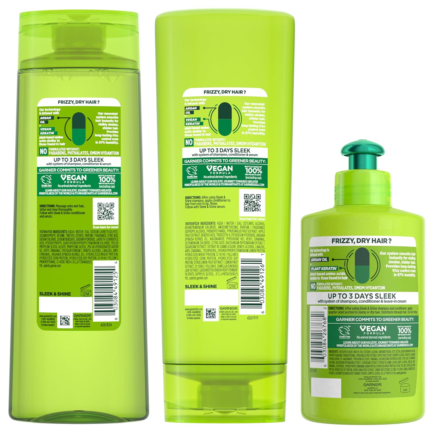 Garnier Fructis Sleek & Shine Shampoo, Conditioner & Leave-In Set – Mindful Bath Time Routine for Humidity-Prone Hair, Plant Keratin