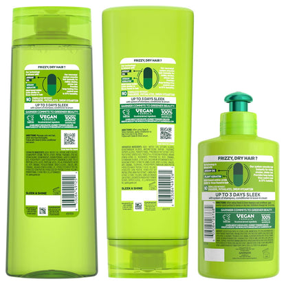 Garnier Fructis Sleek & Shine Shampoo, Conditioner & Leave-In Set – Mindful Bath Time Routine for Humidity-Prone Hair, Plant Keratin