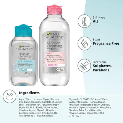 Garnier Micellar Cleansing Water – Thoughtful Skincare Gift Set for Mom, 13.5 + 3.4 fl oz