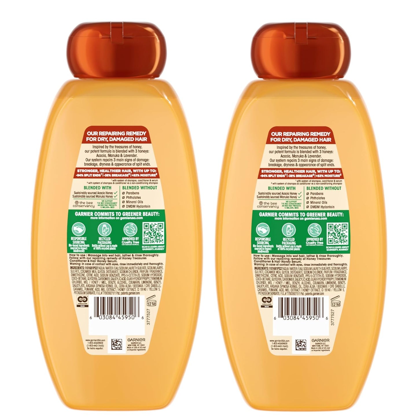 Garnier Whole Blends Honey Treasures Repairing Shampoo – Spa-Like Hair Repair Ritual with Royal Jelly and Propolis for Stress-Relieving Showers