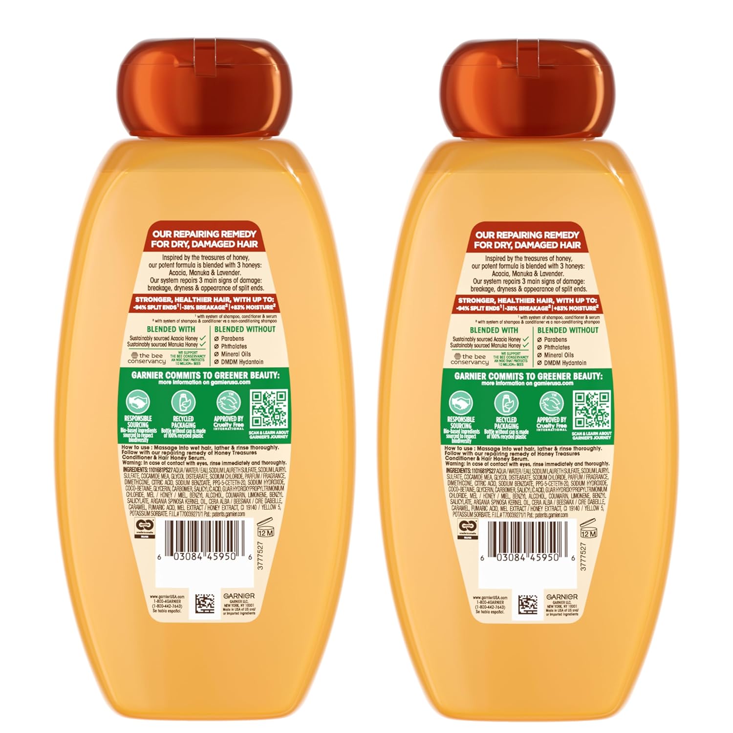 Garnier Whole Blends Honey Treasures Repairing Shampoo – Spa-Like Hair Repair Ritual with Royal Jelly and Propolis for Stress-Relieving Showers