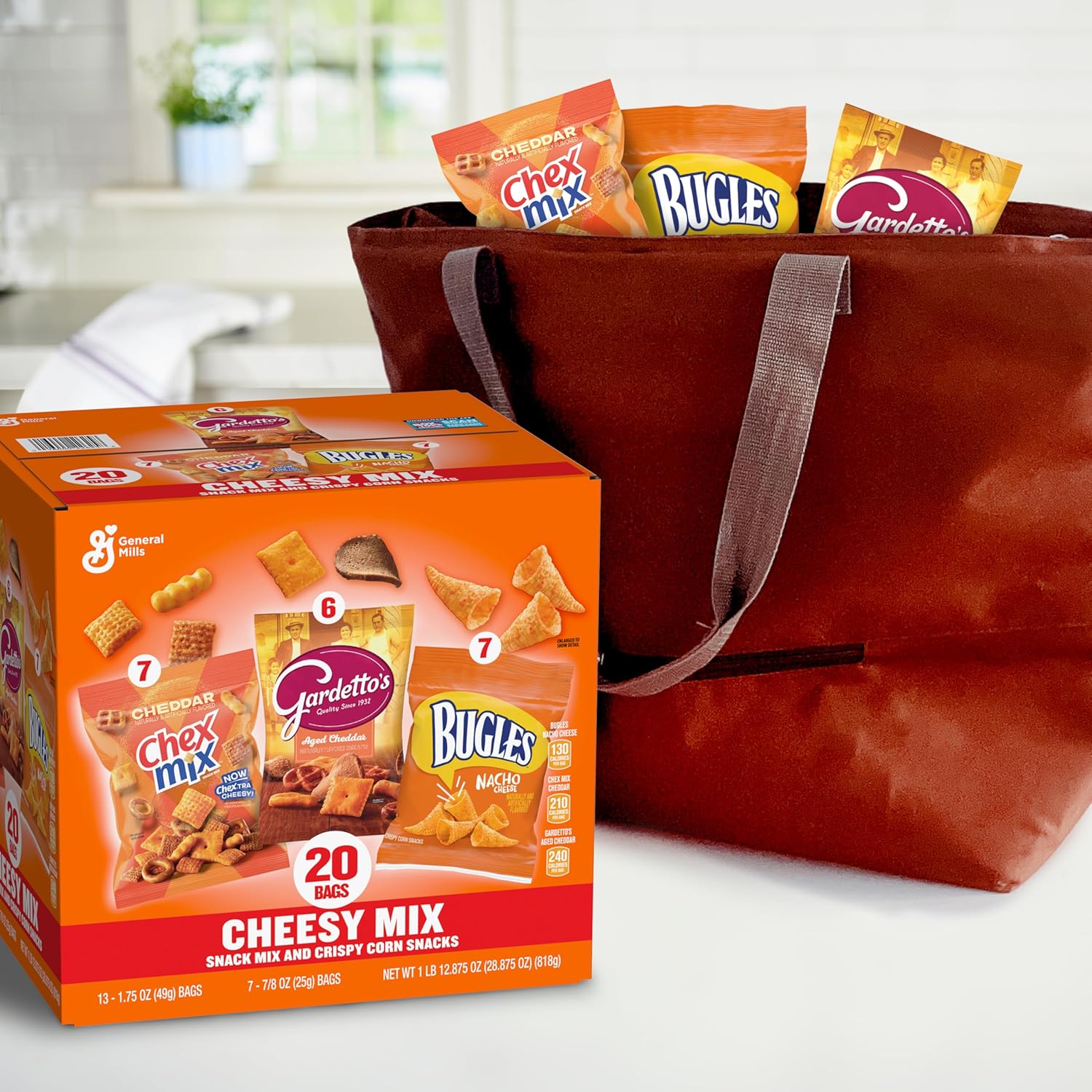 General Mills Cheesy Snack Variety Pack – School Lunch Box Pack for Kids, 20 Single-Serve Bags of Cheddar Chex Mix, Bugles & Gardetto's