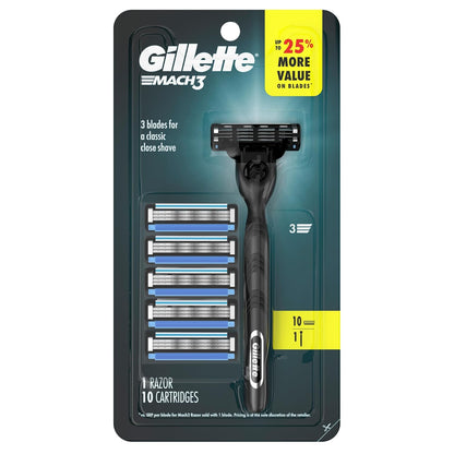 Gillette Mach3 Sensitive Razor – Calming Daily Shave Ritual for Men, 10 Lubricated 3-Blade Refills