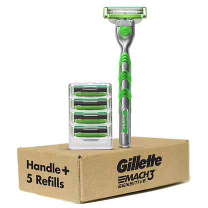 Gillette Mach3 Sensitive Razor – Travel-Toiletry Shave System for Gym Lockers and Hotel Showers, 5 Refills