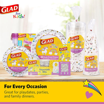 Glad for Kids Unicorn Disposable Paper Bibs with Crumb Catcher, BPA-Free Toddler Bibs for High Chair Feeding and Nursery Snack Time, 30 Count