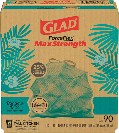 Glad ForceFlex MaxStrength 13 Gal Kitchen Trash Bags — Eucalyptus & Peppermint Scented Bags for a Calmer, Cleaner Kitchen Ritual, 90 Count