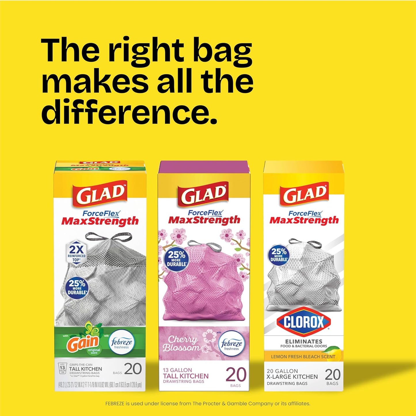 Glad Medium Trash Bags with Febreze Fresh Clean – Calming Scent for Bathroom and Bedroom Self-Care Routines, 8 Gallon Drawstring, 80 Count