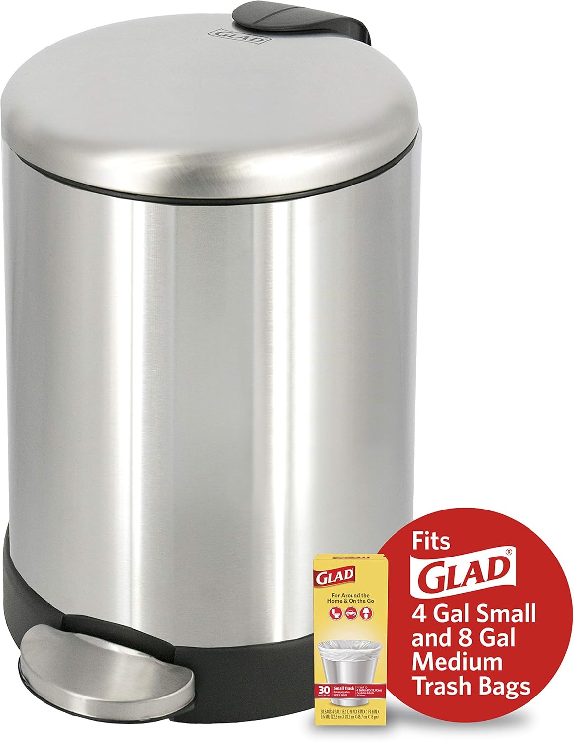 Glad Small Trash Can 1.2 Gallon – Stainless Steel Step Bin for Clutter-Free Bathrooms and Studio Apartments