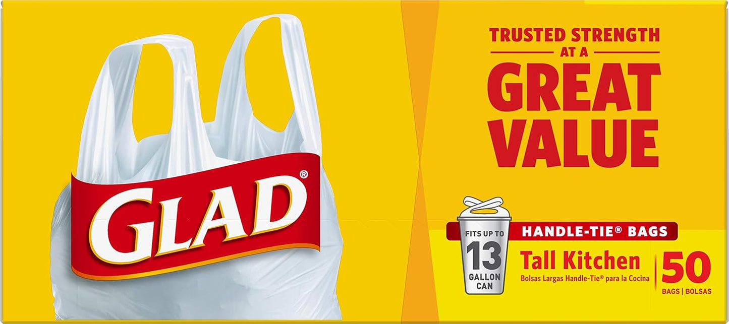 Glad Tall Kitchen Trash Bags 13 Gallon Unscented, Handle-Tie Closure for Clean Pantry & Mudroom