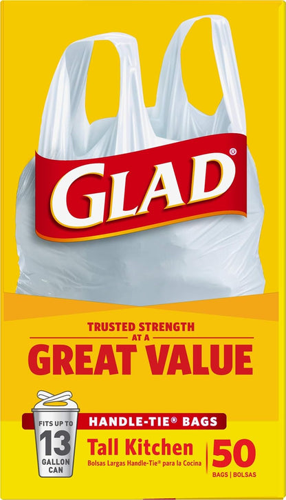 Glad Tall Kitchen Trash Bags 13 Gallon Unscented, Handle-Tie Closure for Clean Pantry & Mudroom