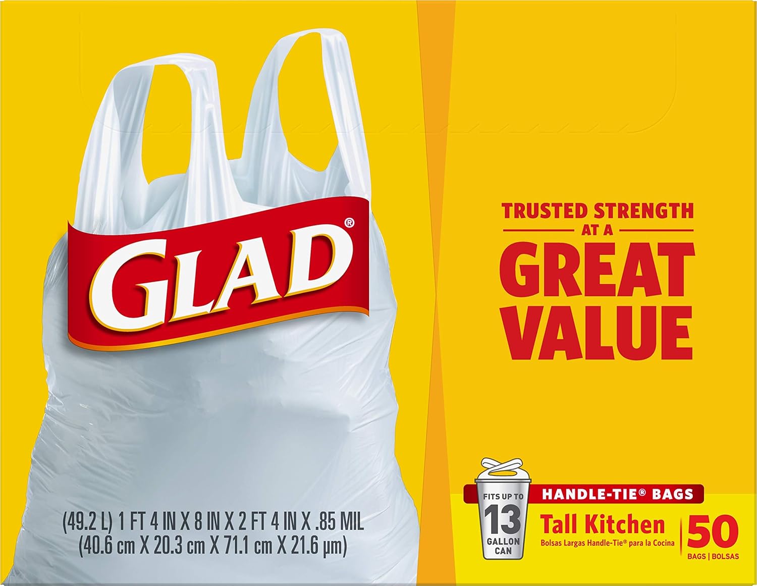 Glad Tall Kitchen Trash Bags 13 Gallon Unscented, Handle-Tie Closure for Clean Pantry & Mudroom
