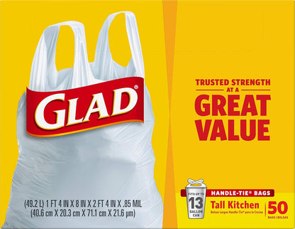 Glad Tall Kitchen Trash Bags 13 Gallon Unscented, Handle-Tie Closure for Clean Pantry & Mudroom
