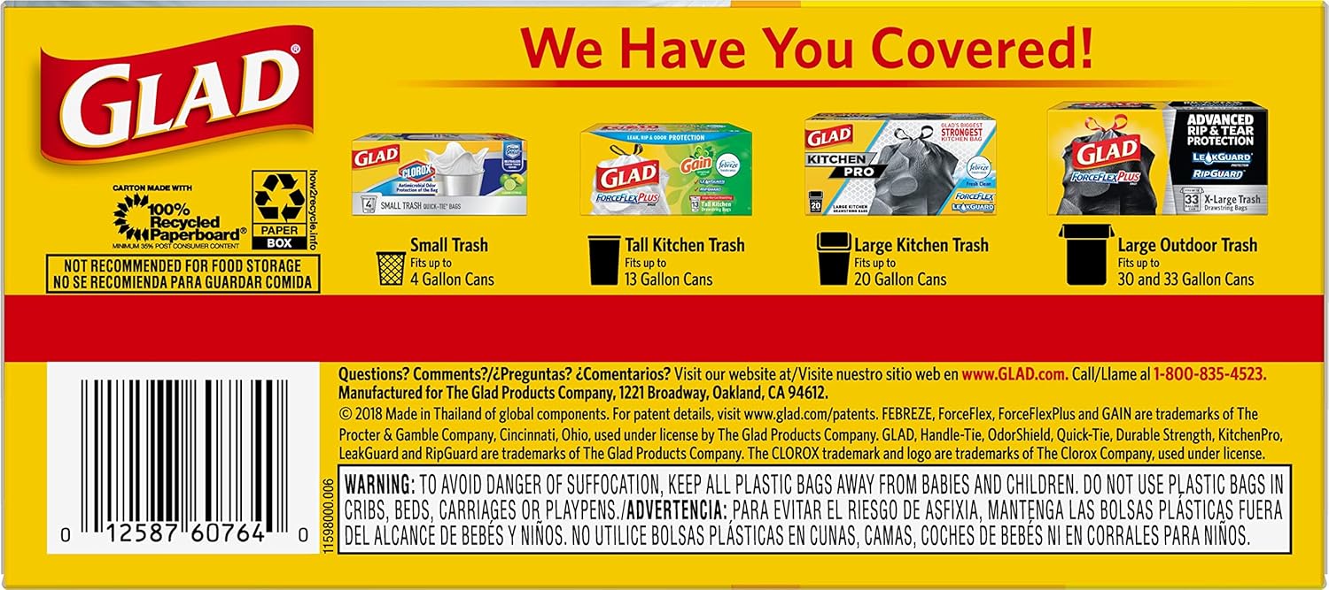 Glad Tall Kitchen Trash Bags 13 Gallon Unscented, Handle-Tie Closure for Clean Pantry & Mudroom