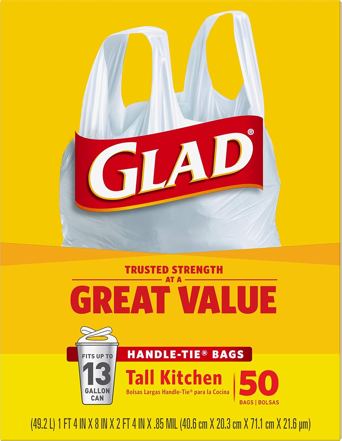 Glad Tall Kitchen Trash Bags 13 Gallon Unscented, Handle-Tie Closure for Clean Pantry & Mudroom