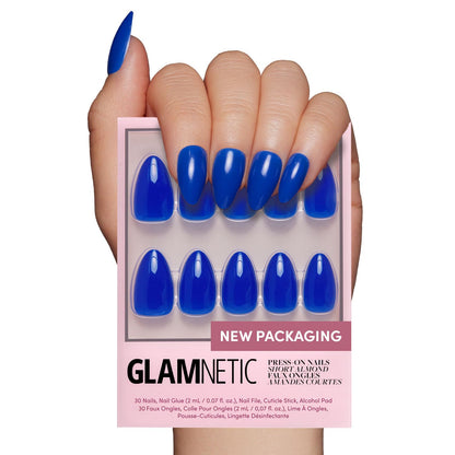 Glamnetic Press On Nails - Cobalt Blue | Opaque Bright Vibrant Blue Short Almond Fake Nails, Salon Quality | 15 Sizes - 30 Nail Kit