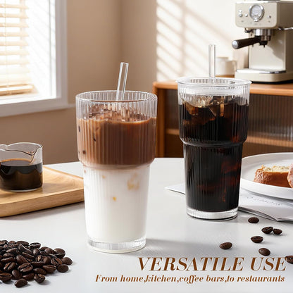 Glassware Luminous – Iced Coffee Glass Cup Aesthetic Kitchen Accessory, Café-Style Ribbed Tumbler for Home Coffee Bar