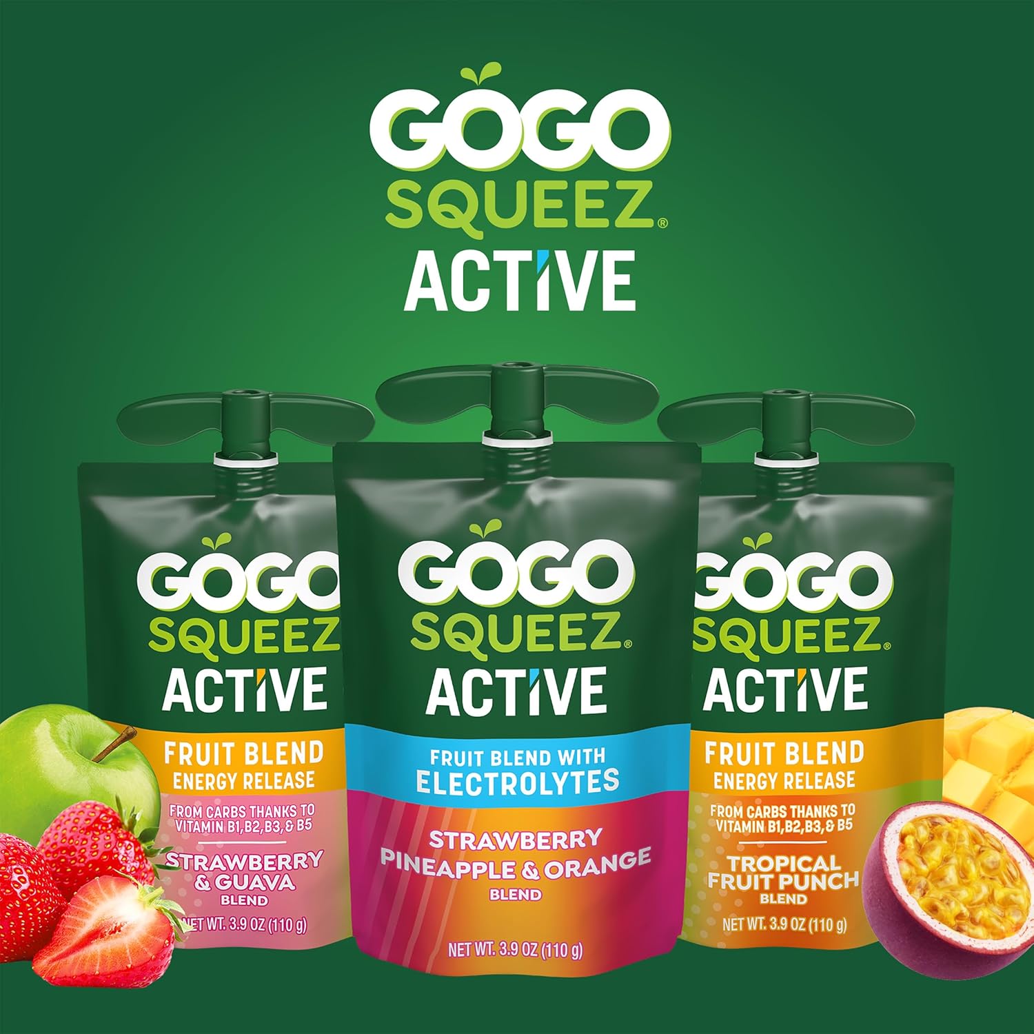 GoGo squeeZ Active Fruit Blend Electrolyte Pouches – Lunchbox Snack for School Kids, No Sugar Added Real Fruit Variety Pack