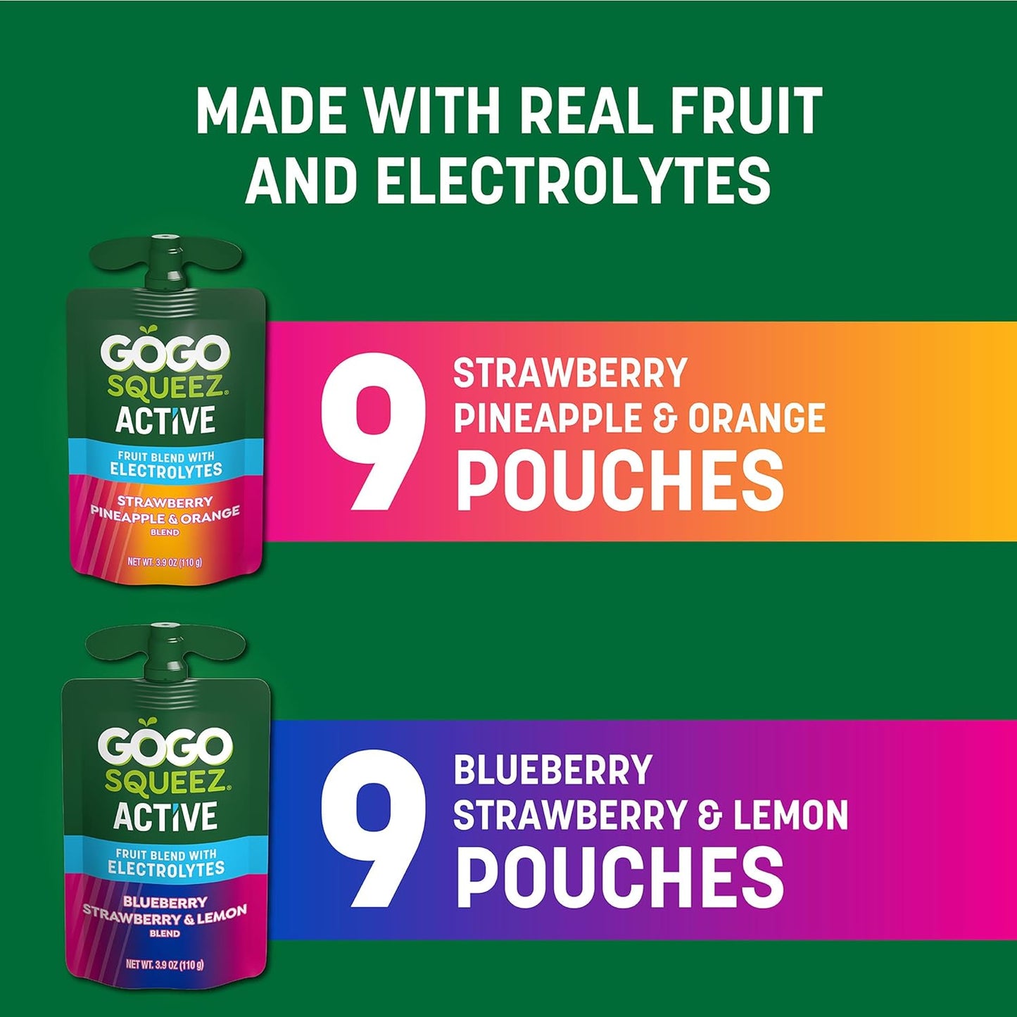 GoGo squeeZ Active Fruit Blend Electrolyte Pouches – Lunchbox Snack for School Kids, No Sugar Added Real Fruit Variety Pack